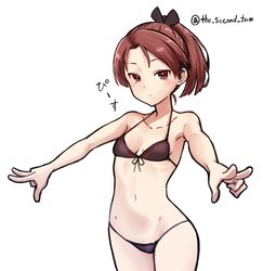  absurdres adapted_costume bikini black_bikini brown_eyes brown_hair cowboy_shot double_v female front-tie_bikini_top front-tie_top hair_ribbon highres kantai_collection medium_hair one-hour_drawing_challenge parted_bangs ponytail ribbon shikinami_(kancolle) shikinami_kai_ni_(kancolle) simple_background solo standing swimsuit the_second_form twitter_username v white_background 