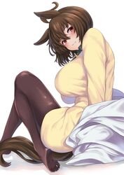  agnes_tachyon_(umamusume) ahoge animal_ears black_necktie blush breasts brown_eyes brown_hair brown_pantyhose closed_mouth coat feet female from_side full_body highres hisagi_(hisagi00) horse_ears horse_girl horse_tail large_breasts long_sleeves looking_at_viewer looking_to_the_side medium_hair necktie off_shoulder pantyhose simple_background sitting smile soles solo sweater tail tie_clip toes umamusume white_background white_coat yellow_sweater 