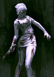  blood blood_on_clothes blood_on_hands blood_on_weapon breasts bubble_head_nurse cleavage colored_skin commentary_request dress faceless female gloves hat highres holding holding_knife horror_(theme) knife menka_(menka_wata) monster_girl nurse nurse_cap silent_hill_(series) silent_hill_2 solo weapon white_dress white_gloves white_skin 