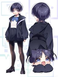  alternate_costume animal_ears backpack bag black_hair black_hood black_jacket black_pantyhose black_skirt blue_bow blue_bowtie blue_eyes bow bowtie cat_ears female full_body genderswap_(mtf) genshin_impact hair_between_eyes highres jacket ma_d_k_89 multicolored_hair open_mouth pantyhose purple_hair rule_63 scaramouche_(genshin_impact) shirt shoes short_hair skirt solo white_shirt 