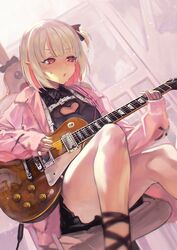  black_dress blush clothing_cutout dress electric_guitar female gibson_les_paul grey_hair guitar heart_cutout highres holding holding_instrument indoors instrument jacket makaino_ririmu makaino_ririmu_(5th_costume) multicolored_hair nijisanji one_side_up open_clothes open_jacket open_mouth otsudou pink_hair pink_jacket pointy_ears red_eyes short_dress short_hair sitting solo sweat thighhighs thighs two-tone_hair virtual_youtuber 