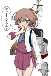  absurdres adapted_turret aqua_necktie blue_eyes brown_hair collared_shirt commentary_request cowboy_shot dress dress_shirt female gradient_hair hair_ribbon highres kantai_collection kazagumo_(kancolle) long_hair machinery multicolored_hair necktie pleated_dress ponytail purple_dress ribbon shirt simple_background solo torn_clothes translation_request tsuru_(thunder_tsuru) white_background white_shirt 