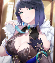  asymmetrical_gloves bare_shoulders black_gloves black_hair blue_dress blue_hair blush bob_cut bracelet breasts cleavage cleavage_cutout clothing_cutout diagonal_bangs dice dress earrings elbow_gloves fed_(giba) female fingerless_gloves fur-trimmed_jacket fur_trim genshin_impact gloves green_eyes highres jacket jacket_on_shoulders jewelry large_breasts looking_at_viewer mismatched_gloves mole mole_on_breast multicolored_hair neck_ring short_hair smile solo tassel two-tone_hair white_gloves white_jacket yelan_(genshin_impact) 