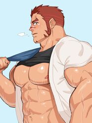  1boy abs akashi_(live_a_hero) bara bare_pectorals blue_background breath clothes_lift facial_hair goatee highres kansuke_(kansuke_717) large_pectorals live_a_hero long_sideburns looking_at_viewer male_focus muscular muscular_male navel nipples open_clothes open_shirt pectorals profile red_hair scar scar_on_face scar_on_nose shirt_lift short_hair short_sleeves sideburns simple_background solo sweatdrop thick_arms thick_eyebrows thick_neck towel_on_one_shoulder upper_body wet 