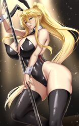  akitsuki_karasu alternate_costume animal_ears artoria_pendragon_(fate) artoria_pendragon_(lancer)_(fate) artoria_pendragon_(swimsuit_ruler)_(fate) between_breasts black_background black_necktie blonde_hair breasts contrapposto duplicate fake_animal_ears fate/grand_order fate_(series) female green_eyes hair_between_eyes highres large_breasts necktie playboy_bunny pole pole_dancing ponytail rabbit_ears spotlight stripper_pole thighhighs thighs wrist_cuffs 