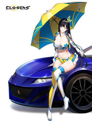  alternate_color arm_support bare_shoulders belt black_hair boots breasts car choker cleavage closers collarbone crop_top cropped_vest elbow_gloves female full_body gloves green_eyes hairband harpy_(closers) high_heel_boots high_heels highres holding holding_umbrella large_breasts long_hair looking_to_the_side midriff miniskirt motor_vehicle navel non-web_source official_art on_vehicle open_clothes parted_lips race_queen showgirl_skirt sitting sitting_on_car skirt sleeveless smile solo stomach thigh_boots thighhighs thighs umbrella very_long_hair vest 