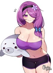  artist_name bandeau bare_shoulders black_hairband black_shorts blush breasts cleavage closed_mouth collarbone commission crop_top female hairband highres holding holding_stuffed_toy large_breasts looking_at_viewer mole mole_under_eye navel original purple_eyes purple_hair rukiadaichi shorts smile solo strapless stuffed_seal stuffed_toy tube_top 