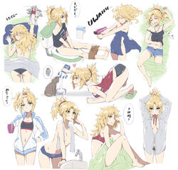  absurdres blonde_hair brushing_teeth cup english_text fate_(series) feline female floating_hair green_hair hair_dryer highres implied_peeing mordred_(fate) mug panties polo_shirt short_shorts shorts sleeping toilet_use tomboy tonee topless towel translation_request underwear waking_up 