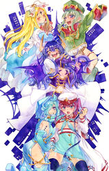  5girls akoya_matama anemo_nemo apron araga_kiwi blonde_hair blue_dress bow breasts bridal_gauntlets buttons cityscape colored_eyelashes corset diamond-shaped_pupils diamond_(shape) double-breasted dress elbow_gloves fuurinura gloves hairbow highres hiiragi_utena holding_hands hood leberblume leoparde_(mahou_shoujo_ni_akogarete) loco_musica magia_baiser mahou_shoujo_ni_akogarete morino_korisu multiple_girls nero_alice open_mouth painting_(medium) pasties pelvic_curtain purple_hair red_eyes red_pupils sharp_teeth simple_background symbol-shaped_pupils teeth thighhighs traditional_media underboob watercolor_(medium) white_background yellow_eyes 