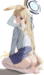  absurdres animal_ear_fluff animal_ears ass blonde_hair blue_archive blue_eyes blue_halo blush braid closed_mouth commentary english_commentary feet female from_behind full_body ggoong_(pooplambgoong22) halo hand_on_own_ear highres inconvenient_tail kemonomimi_mode lifted_by_tail long_hair long_sleeves looking_at_viewer looking_back multicolored_hair no_shoes panties pleated_skirt pulling_own_ear rabbit_ears rabbit_tail seiza shirt shirt_tucked_in simple_background sitting skirt soles solo streaked_hair sweatdrop tail thighhighs thong toes toki_(blue_archive) underwear white_background white_panties white_shirt white_thighhighs 