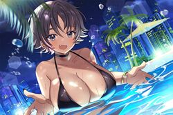  beach_umbrella bikini black_bikini black_choker black_hair black_nails blush bon_(vtuber) bracelet breasts choker cityscape cleavage collarbone commentary commission dark-skinned_female dark_skin ear_piercing earrings female grey_eyes indie_virtual_youtuber jewelry large_breasts mohemohemincho night night_sky oerba_yun_fang open_mouth palm_tree partially_submerged piercing short_hair skeb_commission sky solo swimsuit tree umbrella upper_body virtual_youtuber wet 