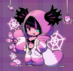  barefoot black_bra black_hair blue_eyes bra breasts cleavage diagonal_bangs female full_body hair_through_hood hand_in_pocket heterochromia holding holding_stuffed_toy hood hood_up juri_han kotorai midriff multicolored_hair official_alternate_costume onesie open_pajamas pajamas pink_eyes pink_pajamas purple_background silk solo spider_web standing streaked_hair street_fighter street_fighter_6 stuffed_animal stuffed_spider stuffed_toy tongue tongue_out twintails underwear 