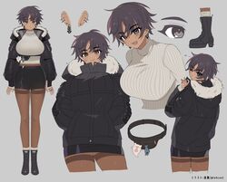  artist_name black_eyes black_footwear black_hair black_jacket black_skirt bon_(vtuber) boots breasts commentary_request dark-skinned_female dark_skin ear_piercing earrings english_commentary female full_body fur_trim grey_background hands_in_pockets huge_breasts indie_virtual_youtuber jacket jewelry looking_at_viewer lunch_(lunchicken) miniskirt mixed-language_commentary pantyhose pencil_skirt piercing ribbed_sweater second-party_source short_hair simple_background skirt smile sweater twitter_username virtual_youtuber white_sweater 