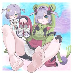  animal_hood bare_legs barefoot bike_shorts black_shorts blue_background blue_eyes blush chibi chibi_inset closed_mouth commentary_request commission dress eien_project feet female foot_focus frog_hood full_body green_hoodie grey_dress hair_intakes hair_over_one_eye hand_up highres holding holding_shoes hood hood_up hoodie knees_up legs long_sleeves looking_at_viewer medium_hair multiple_views omkuros one_eye_closed one_eye_covered parted_bangs purple_hair shoes short_dress shorts sidelocks skeb_commission sleeves_past_wrists smile sneakers soles toenails toes twitter_username two_side_up unworn_shoes virtual_youtuber watermark yellow_eyes zumi_dokumi 