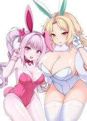  2girls :d alice_(nikke) animal_ears blonde_hair blush breasts chiji_komari fake_animal_ears fake_tail gloves goddess_of_victory:_nikke hair_between_eyes highleg highleg_leotard highres large_breasts leotard long_hair looking_at_viewer ludmilla_(nikke) medium_breasts multiple_girls open_mouth pantyhose pink_eyes pink_gloves pink_hair playboy_bunny rabbit_ears rabbit_tail red_eyes sidelocks smile strapless strapless_leotard tail thighhighs twintails two-tone_gloves wavy_hair white_gloves white_leotard white_pantyhose white_thighhighs 