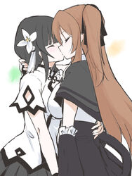  2girls arm_around_shoulder arm_around_waist arm_cutout assault_lily black_capelet black_hair black_ribbon black_skirt blunt_bangs breasts brown_hair capelet clothing_cutout commentary detached_sleeves face-to-face flower from_side hair_between_eyes hair_flower hair_ornament hair_over_shoulder hair_ribbon hair_scrunchie hand_in_another&#039;s_hair hand_on_another&#039;s_back high-waist_skirt highres kissing kuo_shenlin large_breasts light_blush long_hair multiple_girls one_side_up pleated_skirt profile ribbon school_uniform scrunchie shirt short_sleeves simple_background skirt standing tassel tassel_hair_ornament urutsu_sahari very_long_hair wang_yujia white_background white_flower white_scrunchie white_shirt yuri yurigaoka_girls_academy_school_uniform 