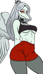  2024 amber_eyes anthro bottomwear breasts clothing crop_top digital_drawing_(artwork) digital_media_(artwork) dinosaur dizzy_weas extinct eyelashes eyeliner fang_(gvh) feathered_wings feathers female goodbye_volcano_high grey_body grey_scales hair hi_res long_hair looking_at_viewer makeup midriff navel prehistoric_species pterodactylus pterosaur reptile scales scalie shirt shorts silver_hair simple_background smile snout solo topwear under_boob white_background wings 