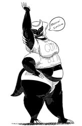  2019 3_claw 3_toes 4_arms 4_claws 4_toes altered_forme_giratina anthro barefoot belly belly_scales big_belly big_breasts biped black_and_white black_text bottomwear breasts claws clothing countershade_crotch countershade_neck countershade_torso countershading dark_sclera dialogue digital_drawing_(artwork) digital_media_(artwork) english_text eyelashes facial_markings feet female female_anthro finger_claws fingers front_view full-length_portrait furgonomic_topwear furgonomics generation_4_pokemon giratina hand_on_hip hand_on_own_hip hatching_(art) head_markings hotpants legendary_pokemon mara_(thatoneaceguy) markings mask_(marking) midriff monochrome multi_arm multi_limb navel nintendo obese obese_anthro obese_female one_eye_closed overweight overweight_anthro overweight_female pokemon pokemon_(species) pokemorph portrait profanity pupils raised_arm scales shaded shirt shorts side_view simple_background solo standing stretching striped_markings striped_tail stripes tail tail_markings talking_to_viewer term_of_endearment text text_on_clothing text_on_shirt text_on_topwear thatoneaceguy toe_claws toes topwear white_background 