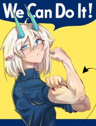  absurd_res biceps blue_eyes colored english_text female fist flexing flexing_bicep hi_res horn horned_humanoid humanoid humanoid_pointy_ears light_body light_skin pointy_ears poster ronfos solo spade_tail tail text we_can_do_it! 