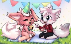  alien_doge anthro birthday cake canid canine chibi clothing dessert duo food fox fur hat headgear headwear hi_res male mammal open_mouth party_hat tail teeth white_body white_fur white_tail 