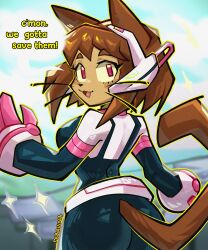  2026 absurd_res anthro ass biped clothed clothed_anthro clothed_female clothing cosplay crossover crossover_cosplay day dialogue digital_drawing_(artwork) digital_media_(artwork) domestic_cat english_text felid feline felis female fingers fur gameoverse glitch_productions hair hi_res kit_bodega looking_at_viewer mammal my_hero_academia ochaco_uraraka outside praquina rear_view smile solo standing text tongue whiskers 