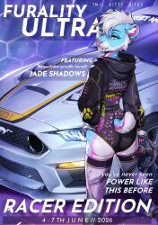  2026 absurd_res anthro ass biped car claws clothed clothed_anthro clothed_female clothing digital_drawing_(artwork) digital_media_(artwork) english_text feet felid feline female fingers ford ford_mustang fur hair hi_res jade_(wolfmaster96370) looking_at_viewer mammal rear_view shermugi smile solo spots standing tail teeth text text_on_clothing toes vehicle 