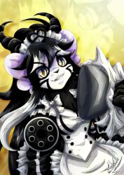  aiming_at_viewer anthro black_hair black_markings clothing female gatling_gun gradient_eyes grin grinning_at_viewer gun gun_arm hair half-length_portrait hi_res horn looking_at_viewer machine_gun maid_headdress maid_uniform maid_velatis markings minigun portrait ranged_weapon round_ears signature smile smiling_at_viewer solo uniform unknown_species velatis_ferio_caedo weapon weapon_arm white_body yukariasano 