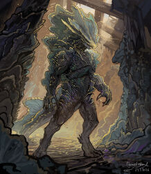  2026 5_fingers ambiguous_gender anthro biped claws dragon elemental_creature featureless_crotch feet fingers full-length_portrait fungaloid fungi_fauna fungus hive inside light monster multicolored_body mushroom mythological_creature mythological_scalie mythology portrait scalie signature solo standing sunlight tail themefinland wood 