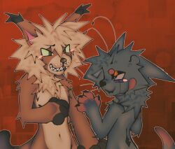  anthro aofilla arthropod blattodean blush brown_body brown_fur canid canine cockroach duo ears_up felid feline fur grey_body hi_res hybrid insects looking_at_another lucaowoo male male/male mammal multicolored_body multicolored_fur piercing smile suggestive tail 