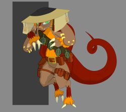  anthro armadillo asian_conical_hat bandolier belt claws clothing explosives facial_hair grenade hat headgear headwear hi_res jewelry leaning long_ears long_tail looking_at_viewer male mammal piercing raised_leg shell simple_background slightly_chubby solo tagme tail villegreen weapon whiskers xenarthran 