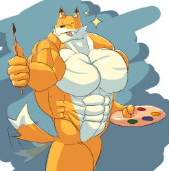  abs anthro big_muscles big_pecs biped blan_(buff_fox) blap brush buff_fox canid canine digital_media_(artwork) fox fur gesture hand_gesture hi_res holding_object huge_muscles looking_at_viewer male mammal muscular muscular_anthro muscular_male nude one_eye_closed paint_palette paintbrush pecs portrait simple_background standing tail tail_motion tailwag three-quarter_portrait thumbs_up white_body white_fur wink 