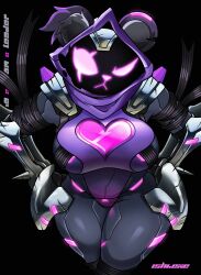  :< angry annoyed anthro armor bear big_breasts biped breasts broken_heart_print clothing cybernetics cyborg dark_armor dark_body english_text epic_games eye_scar facial_scar female fortnite furgonomic_headwear furgonomics gauntlets glistening glistening_body gloves glowing handwear heart_symbol hi_res hood ishiexe looking_at_viewer machine mammal pink_eyes pink_mouth raven_team_leader scar screen screen_face shoulder_armor signature solo text thick_thighs 