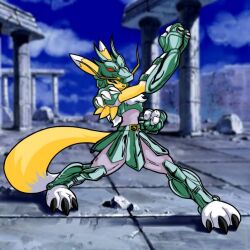  1:1 ambiguous_gender anthro armor armwear bandai_namco black_sclera blue_eyes blurred_background canid cloth_(saint_seiya) clothing countershading digimon digimon_(species) dipstick_tail dragon_shiryu facial_markings fur gauntlets gloves green_armor gurudj handwear head_markings mammal markings neck_tuft renamon ruins saint_seiya solo tail tail_markings tuft white_body white_countershading yellow_body yellow_fur 
