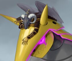  absurd_res aggron armor baphomet_(deity) bovid caprine caprine_demon darkcat613 deity demon duo female folionne generation_3_pokemon goat goat_demon hi_res horn hug humanoid male mammal nintendo pokemon pokemon_(species) reptile scalie sheep size_difference smile wings 