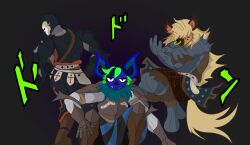  anthro armor bat battle_tendency big_ears canid canine chainmail fantasy for_honor_(game) greaves group hi_res human hyena japanese_text jojo's_bizarre_adventure jojo_pose kneeling knight male male/male mammal pillar_men_pose pose simple_background tail text trio villegreen warrior 
