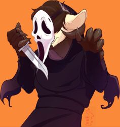  anthro bovid brown_body brown_fur brown_hair bunnyjaneartist caprine clothing costume covered_eyes fur hair halloween hi_res holidays jasper_the_ram knife male mammal orange_background scream_(films) sheep simple_background smile solo tagme tan_body tan_fur 
