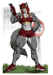  abs anthro black_nose bodily_fluids bottle bottomwear bra canid canine canis clothed clothed_anthro clothed_female clothing container female footwear fur grey_body grey_fur hair hat headgear headwear hi_res mammal muscular muscular_anthro muscular_female navel nina_kittie red_hair shoes shorts sneakers solo sports_bra standing sweat underwear valkairis_sarikblod water_bottle wolf 