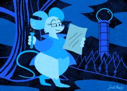  anthro big_breasts biped blue_theme bottom_heavy bottomless breasts building cape clothed clothing eyelashes female female_anthro forest hi_res holding_map holding_object holding_potion huge_thighs jackbrady1010 mammal mina_(mina_the_hollower) mina_the_hollower mouse murid murine night notched_ear outside plant potion rodent signature sky smile solo standing tail thick_thighs toony tower tree wide_hips yacht_club_games 