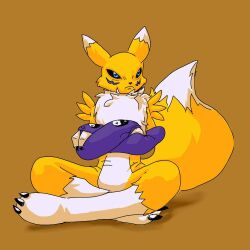  1:1 ambiguous_gender anthro armwear bandai_namco black_sclera blue_eyes canid clothing countershading crossed_arms digimon digimon_(species) dipstick_tail facial_markings frown fur grumpy gurudj head_markings lotus_pose mammal markings neck_tuft purple_armwear purple_clothing renamon sitting solo tail tail_markings tuft white_body white_countershading yellow_body yellow_fur 