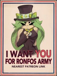  4_fingers absurd_res anthro border breasts claws clothing colored domestic_cat english_text felid feline felis female finger_claws fingers gesture grey_border hair hand_gesture hat headgear headwear hi_res i_want_you long_hair mammal pointing pointing_at_viewer poster ronfos text top_hat 