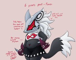  anthro belt black_body black_fur bottomwear canid canine canis clothing cookie-pone crop_top english_text female fur gloves hair handwear holding_object holding_weapon infinite_(sonic) jackal knife mammal mask navel navel_piercing piercing sega shirt skirt slightly_chubby slightly_chubby_anthro slightly_chubby_female solo sonic_forces sonic_the_hedgehog_(series) stretch_marks text topwear trans_(lore) trans_woman_(lore) weapon wearing_mask white_body white_fur white_hair yellow_eyes 