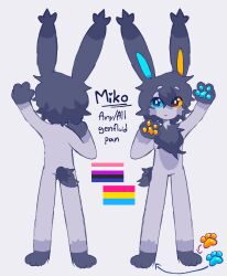  ambiguous_gender anthro blue_eyes blue_pawpads blue_sclera cheek_tuft dark_hair facial_tuft fluffy fluffy_chest fluffy_ears fluffy_hair fluffy_tail fur genderfluid_pride_colors grey_body grey_fur hair heterochromia hi_res jellybugeater lagomorph leporid lgbt_pride looking_at_viewer mammal miko_jellybugeater model_sheet neck_tuft orange_eyes orange_pawpads orange_sclera pansexual_pride_colors pawpads pride_colors rabbit reff solo tail tuft 