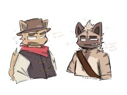  4:3 anthro blush canid canine canis clothing cole_(temptations_ballad) cowboy_hat cowboy_outfit coyote dialogue duo hat headgear headwear hyena kerchief male mammal neckerchief neckwear postel red_kerchief red_neckerchief simple_background temptations_ballad_(visual_novel) wes_(temptations_ballad) 