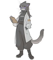  alien anthro black_clothing black_hair black_jumpsuit boots clipboard clothing coat felid female footwear full-length_portrait fur grey_body grey_fur hair hand_in_pocket hi_res holding_clipboard holding_object jumpsuit lab_coat long_hair looking_at_object lulinya_(tateoftot) mammal pockets portrait pupils purple_eyes shoes slit_pupils solo standing sweater tail tateoftot topwear turtleneck uniform whiskers white_clothing white_coat white_topwear 