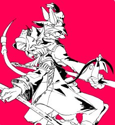  2025 absurd_res accessory action_pose ambiguous_anthro ambiguous_gender anthro black_and_white burmecian claws clothed clothed_ambiguous clothed_anthro clothing coat cravat cropped_jacket digital_drawing_(artwork) digital_media_(artwork) duo female_(lore) final_fantasy final_fantasy_ix finger_claws fingers freya_crescent fully_clothed fully_clothed_ambiguous fully_clothed_anthro furgonomic_headwear furgonomics hair hand_wraps hat headgear headwear hi_res holding_object holding_pole iris male_(lore) mammal monochrome pose pouch_(clothing) red_background rodent shaded simple_background sir_fratley snout square_enix tail tail_accessory topwear uni-6 wraps 