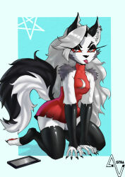  absurd_res anthro canid canid_demon canine clothed clothing colored crescent_moon demon deusvulpes digital_drawing_(artwork) digital_media_(artwork) dress ear_piercing eyebrow_piercing eyelashes facial_piercing female female_anthro fur grey_hair hair hellaverse hellhound helluva_boss hi_res legwear looking_at_viewer loona_(helluva_boss) mammal moon mythological_canine mythological_creature mythology nails occult_symbol paws pentagram piercing red_eyes simple_background sleeveless_clothing solo symbol tail thigh_highs tongue tongue_out tongue_piercing torn_clothing tuft white_body white_fur 