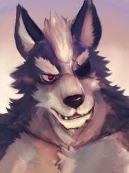  anthro bust_portrait canid canine canis eye_patch eyewear fur grey_body grey_fur hi_res korno_r male male_anthro mammal nintendo portrait red_eyes simple_background solo star_fox wolf wolf_o'donnell 