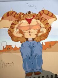  3:4 abs anthro barazoku belt belt_buckle big_muscles big_pecs biped bottomwear buckle buff_fox clothed clothing cowboy_hat cowboy_outfit digital_media_(artwork) dragon hat headgear headwear hi_res huge_muscles huge_pecs male muscular muscular_anthro muscular_male mythological_creature mythological_scalie mythology outside pants pecs scalie solo text tongue topless topless_anthro topless_male traditional_media_(artwork) vein 