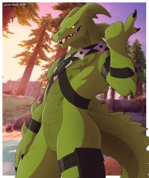  2026 2_horns 5_fingers absurd_res anthro arm_spikes armband artist_name beckoning biped black_claws border claws digital_drawing_(artwork) digital_media_(artwork) dragon epic_games featureless_crotch finger_claws fingers forest forest_background fortnite gesture glistening glistening_eyes green_body green_horn green_scales green_tail hand_on_leg hand_on_own_leg hand_on_own_thigh hand_on_thigh hi_res horn hybrid_(fortnite) leo-wolf male male_anthro mythological_creature mythological_scalie mythology nature nature_background nude nude_anthro nude_male open_mouth orange_eyes outside outside_border plant ranged_weapon scales scalie sharp_teeth shuriken sky solo spiked_tail spikes spikes_(anatomy) standing sunset tail teeth text thigh_pouch tongue tree water weapon white_border wingless_dragon wristband yellow_sclera 