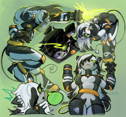  android anthro arm_cannon better_version_at_source breasts featureless_breasts female gatling_gun golden_markings green_eyes grin gun gun_arm hi_res high_heeled_feet lacandyf looking_at_viewer machine machine_gun minigun nude nude_anthro nude_female one_eye_obstructed pointy_ears ranged_weapon robot shooting_gun signature simple_background smile solo spade_tail tail thetis_(bonjolasermaster) thin_tail thought_bubble weapon weapon_arm 